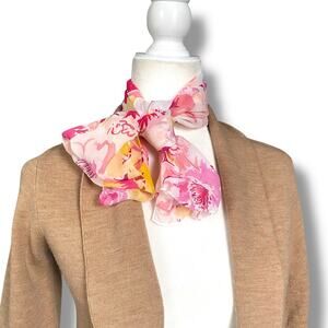 Floral Print Sheer Chiffon Silky Neck Scarf Pink White Garden Spring Trendy